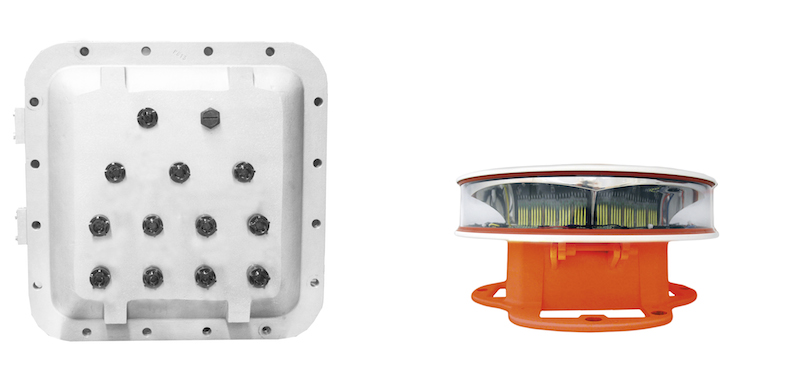 Dialight's SafeSite integrated LED medium-intensity dual lighting system for hazloc installations is available with control & monitoring system to save energy